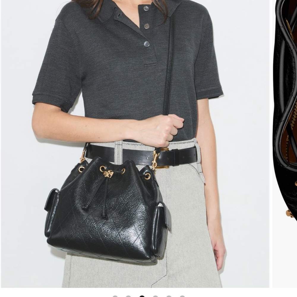 Tory Burch Charlie Black Quilted Leather Drawstring Bucket Bag with Gold Chain